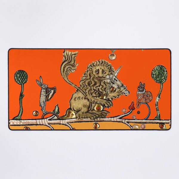 Item preview, WEIRD MEDIEVAL BESTIARY MAKING MUSIC Violinist Lion,Hare Snail Cat in Gold Yellow Orange designed and sold by BulganLumini.
