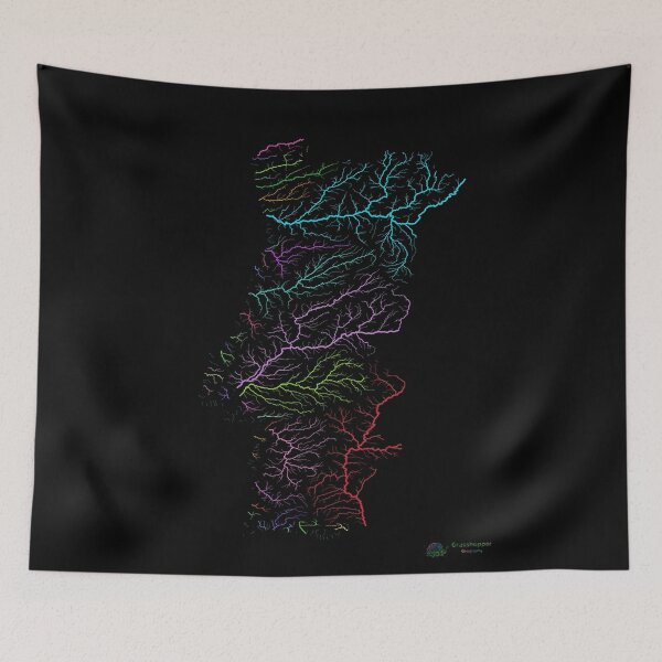 Item preview, Portugal River Basin Map in Rainbow Colours with Black Background designed and sold by GrasshopperGeo.