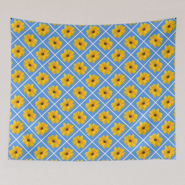 Item preview, Yellow Flowers White Grid Diagonal Repeat on Soft Blue 5748 designed and sold by Art in My Loft.