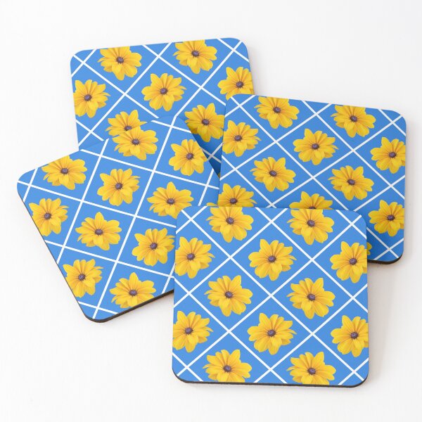 Item preview, Yellow Flowers White Grid Diagonal Repeat on Medium Blue 5748 designed and sold by Art in My Loft.