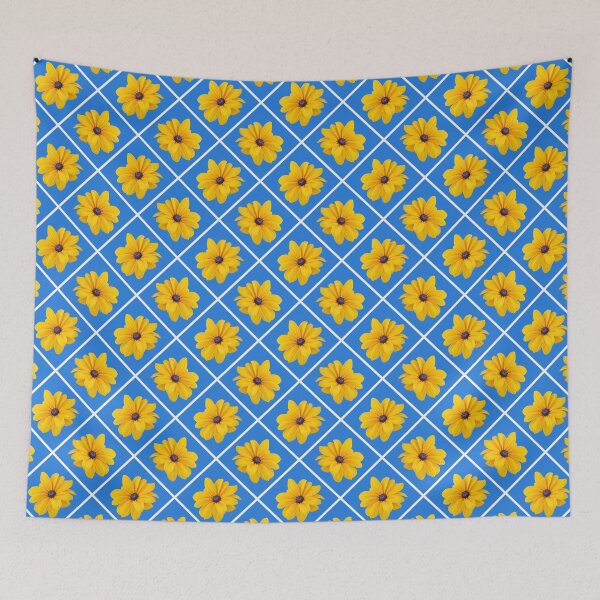 Item preview, Yellow Flowers White Grid Diagonal Repeat on Medium Blue 5748 designed and sold by Art in My Loft.