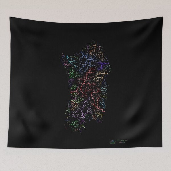 Item preview, Sardinia River Basin Map in Rainbow Colours with Black Background designed and sold by GrasshopperGeo.