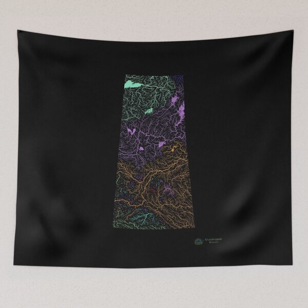 Item preview, Saskatchewan River Basin Map in Rainbow Colours with Black Background designed and sold by GrasshopperGeo.