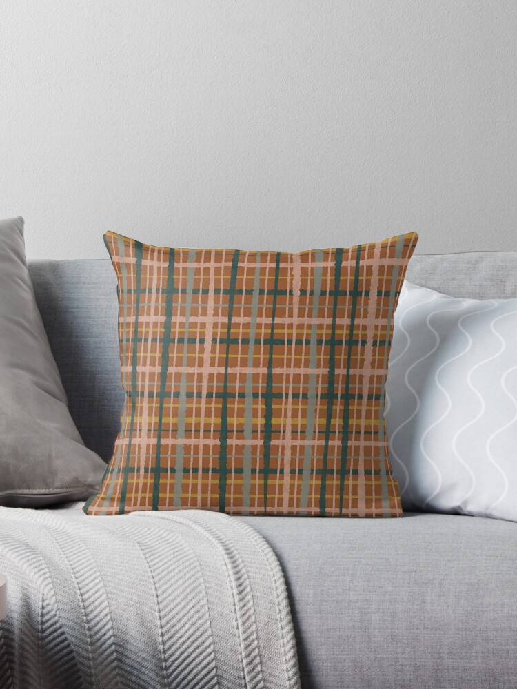 Cream and Rust Plaid Linen Pillow