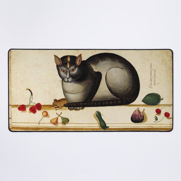 Aperçu de l'œuvre CHAT AVEC SOURIS ET FRUITS Peinture médiévale créée et vendue par BulganLumini.