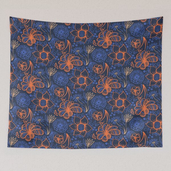 Item preview, Blue and orange decorative flowers and leaves pattern designed and sold by Olga Lashko.