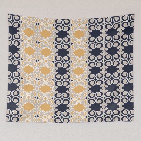 Aperçu de l'œuvre Ornamental, vines, lines, pattern, navy blue, ochre, beige, white créée et vendue par Svitac.