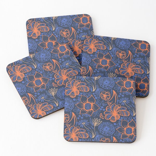 Item preview, Blue and orange decorative flowers and leaves pattern designed and sold by Olga Lashko.