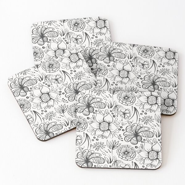 Item preview, black and white decorative flowers and leaves pattern designed and sold by Olga Lashko.