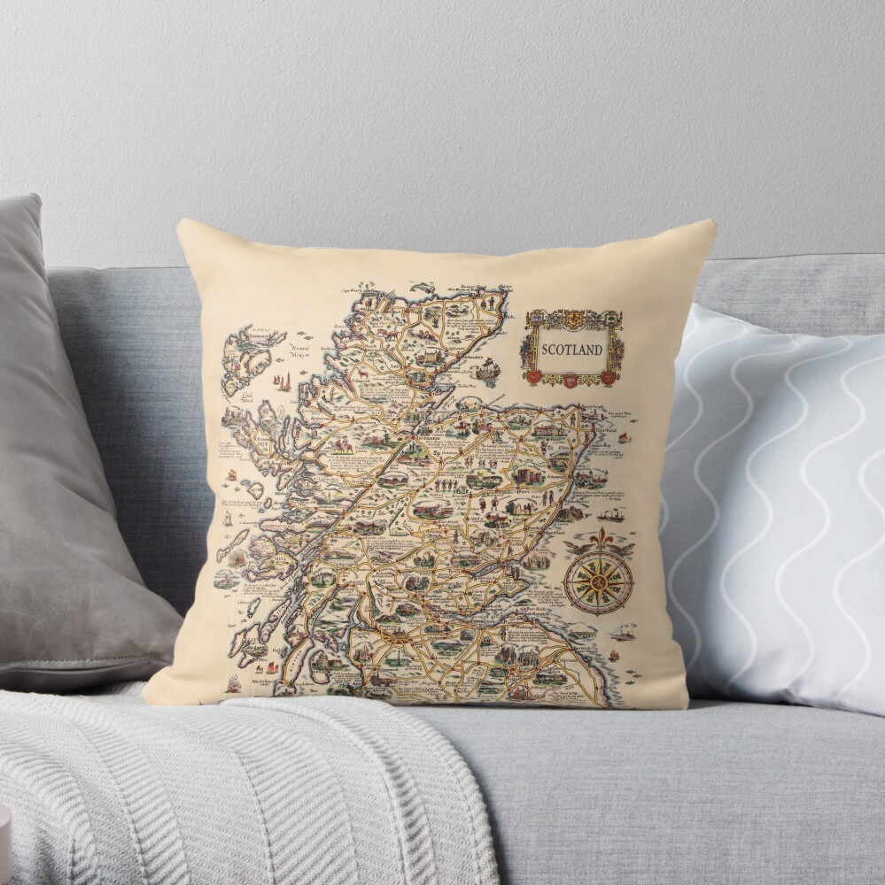 1927 vintage Scotland map design - unique gift idea Throw Pillow