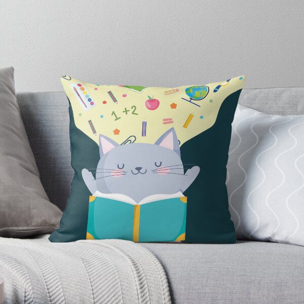 smart cat reading book Throw Pillow