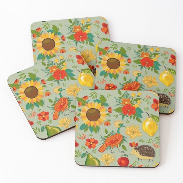 Item preview, Autumn pattern with birds, sunflowers and hedgehogs designed and sold by colorofmagic.