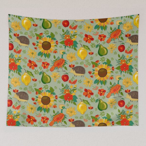 Item preview, Autumn pattern with birds, sunflowers and hedgehogs designed and sold by colorofmagic.