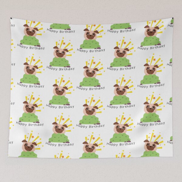 Item preview, Happy Birthday With Funny Pug Hidden Behind Green Grass designed and sold by kucingmaikan.