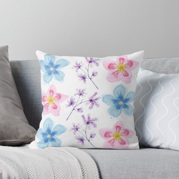 Aperçu de l'œuvre Belles fleurs bleues, roses et violettes à l'aquarelle créée et vendue par FreshOutTheBox.