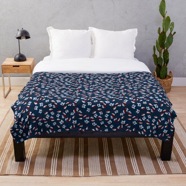Spring floral sweet elegant Navy blue white and red flowers Throw Blanket