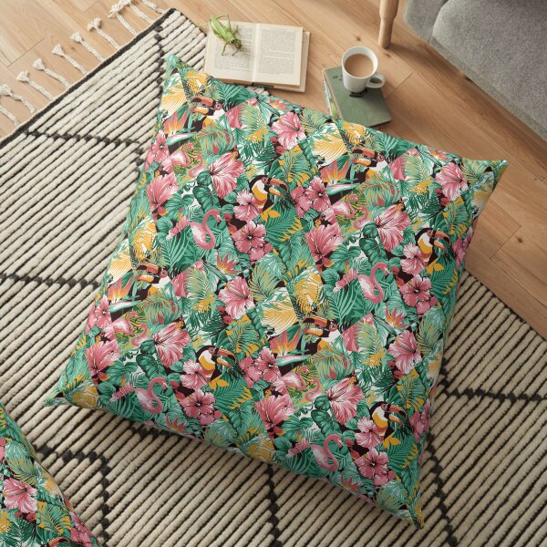 Tropical leaves hibiscus and birds patchwork Floor Pillow