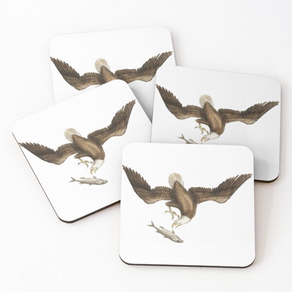 Item preview, White headed eagle catches a fish as a bird prey, fishing bald eagle vintage hand drawn artwork designed and sold by wackodesign.