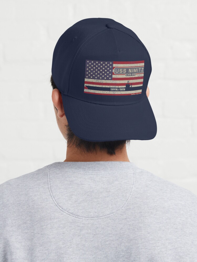 Alternate view of USS Nimitz CVN-68 Nuclear Powered Aircraft Carrier Supercarrier Vintage USA American Flag Gift Cap