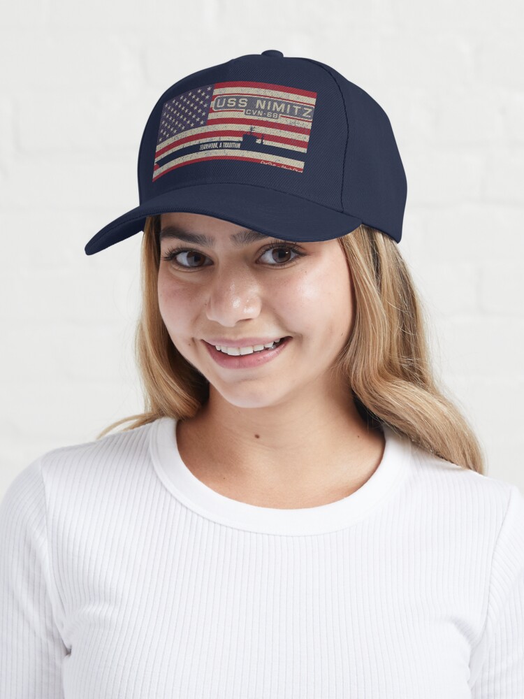 Alternate view of USS Nimitz CVN-68 Nuclear Powered Aircraft Carrier Supercarrier Vintage USA American Flag Gift Cap