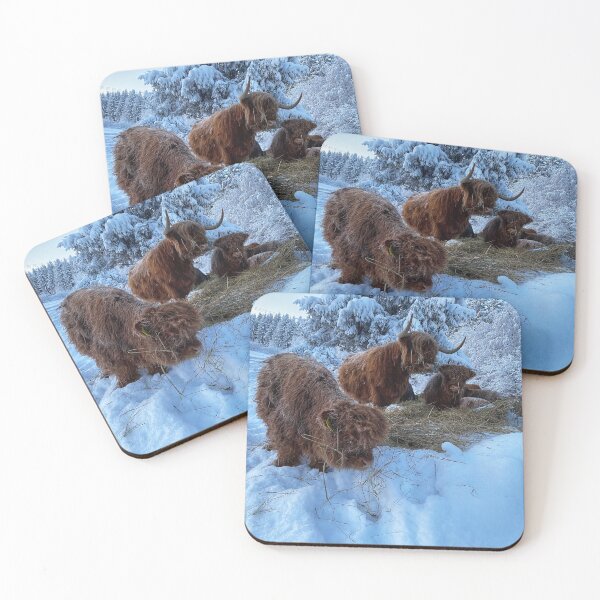 Item preview, Scottish Highland Cattle Calves and Cow in snow 2698 designed and sold by SaarelaHighland.