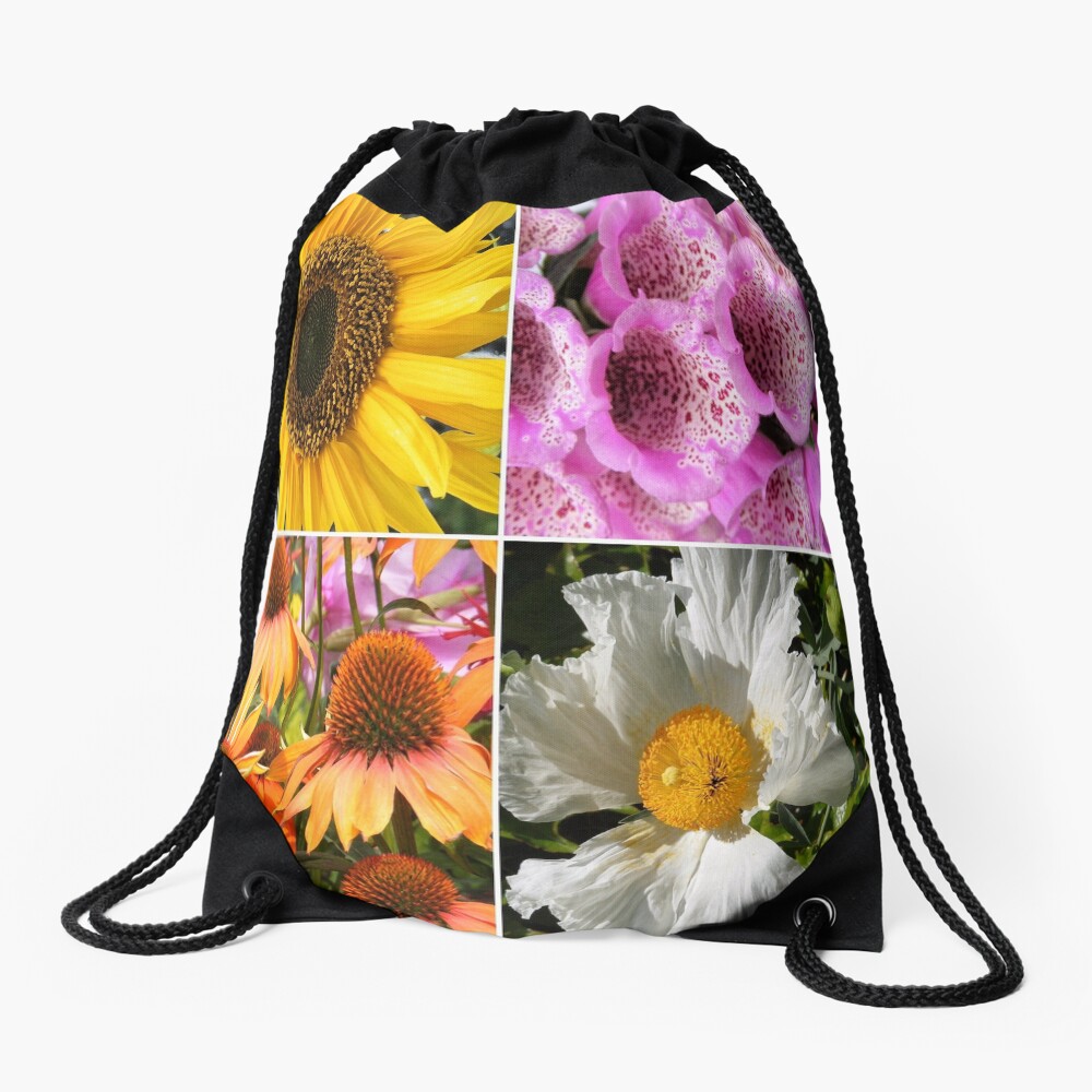 FLOWER BLOSSOMS, SUNFLOWER, FOXGLOVER,CONEFLOWER, POPPY Drawstring Bag