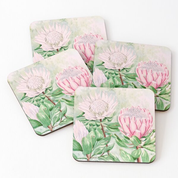 Aperçu de l'œuvre Beaux-arts de Proteas, blancs et roses peints à l'aquarelle créée et vendue par A Sweet  Fragrance Art.