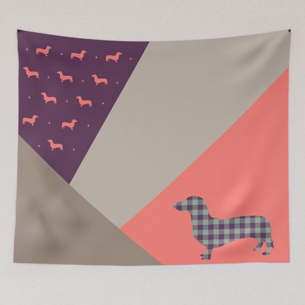Item preview, Dachshund Coral Pink and Purple Abstract Patchwork designed and sold by Kittys-Art.