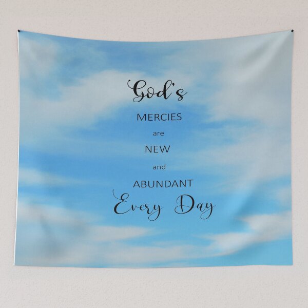 Item preview, Gods Mercy is New and Abundant Every Day - Bible Verse Scripture with Blue Sky and Clouds designed and sold by Star58.