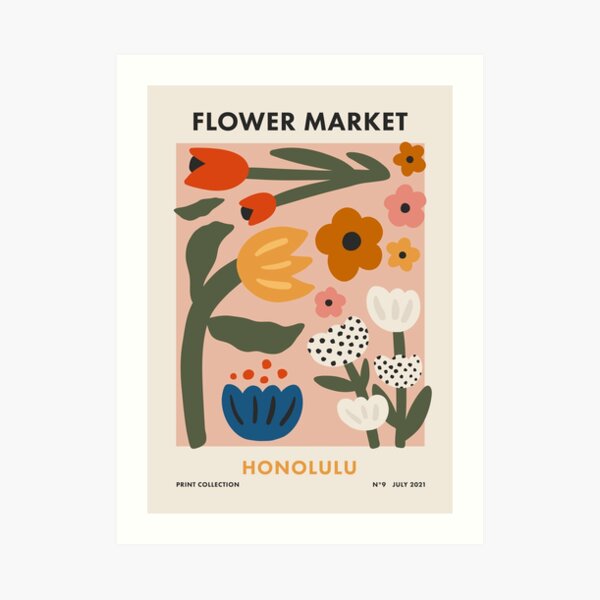 Flower Market Honolulu, Colorful Retro Floral Print Art Print