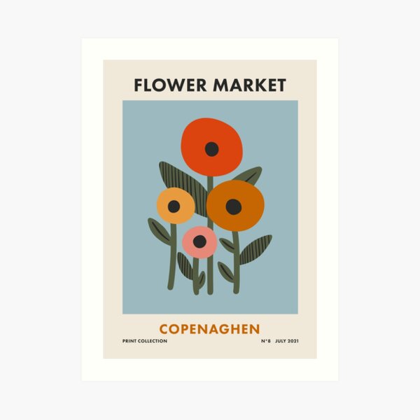 Flower Market Copenaghen, Colorful Retro Floral Print Art Print