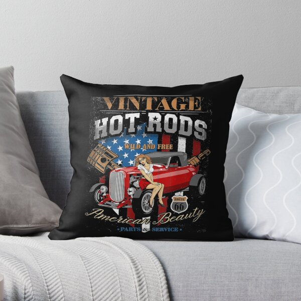 Vintage Hot Rod American flag Antique Classic car lover Men  Throw Pillow