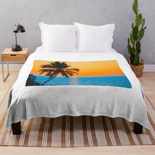 Item preview, Orange Sunset Sky and Blue Beautiful Ocean with a Palm Tree by a Beach designed and sold by AidenChen.