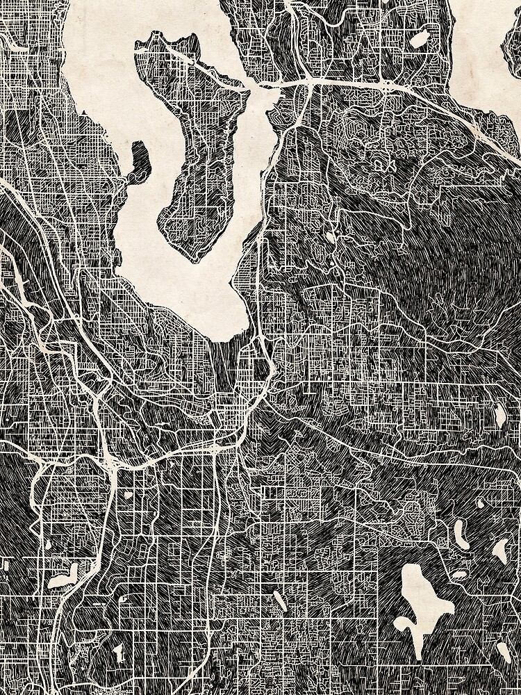 Thumbnail 3 von 3, Tuch, Renton map Washington Ink lines 2 designt und verkauft von InkMaps.