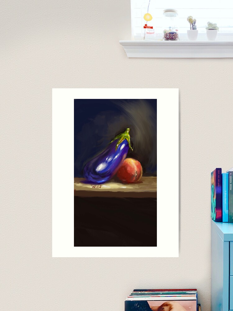 Still life with two peaches and eggplant