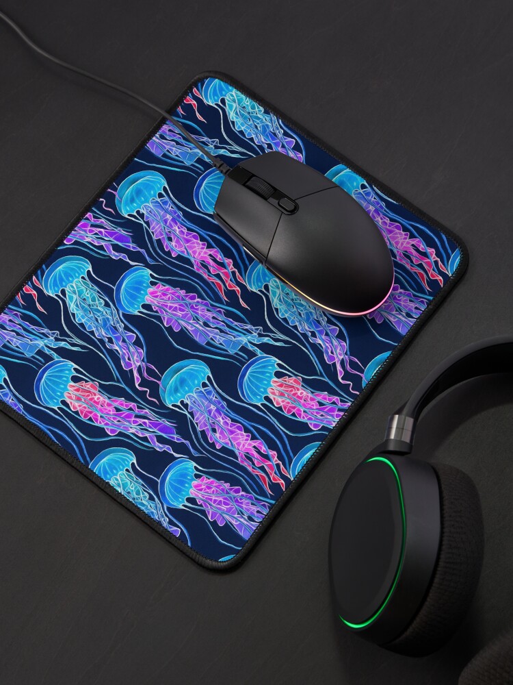 Thumbnail 4 of 5, Mouse Pad, Luminescent Rainbow Jellyfish on Navy Blue designed and sold by micklyn.