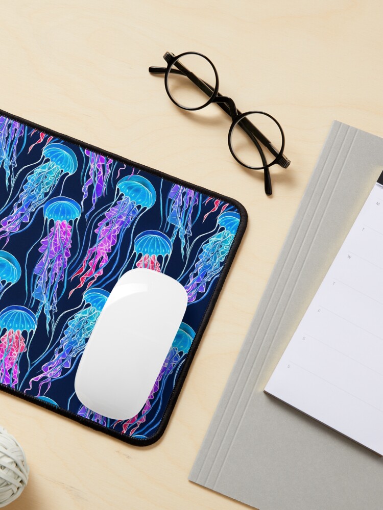 Thumbnail 3 of 5, Mouse Pad, Luminescent Rainbow Jellyfish on Navy Blue designed and sold by micklyn.