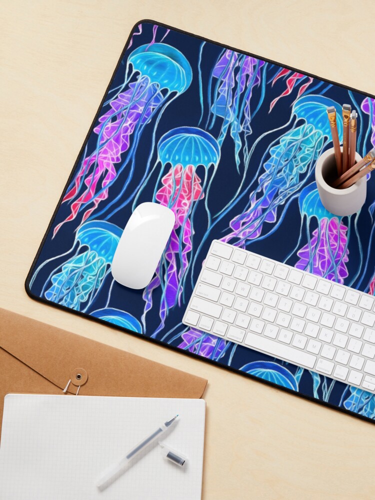 Thumbnail 3 of 5, Mouse Pad, Luminescent Rainbow Jellyfish on Navy Blue designed and sold by micklyn.