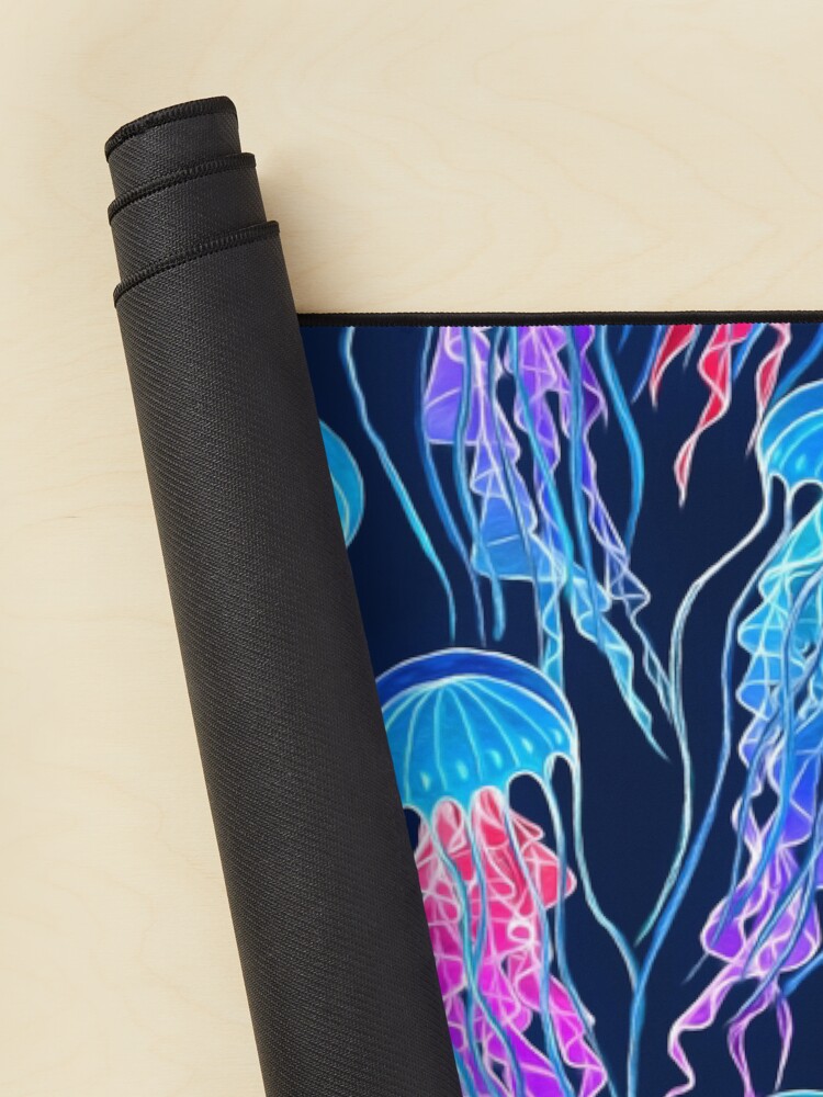 Thumbnail 2 of 5, Mouse Pad, Luminescent Rainbow Jellyfish on Navy Blue designed and sold by micklyn.