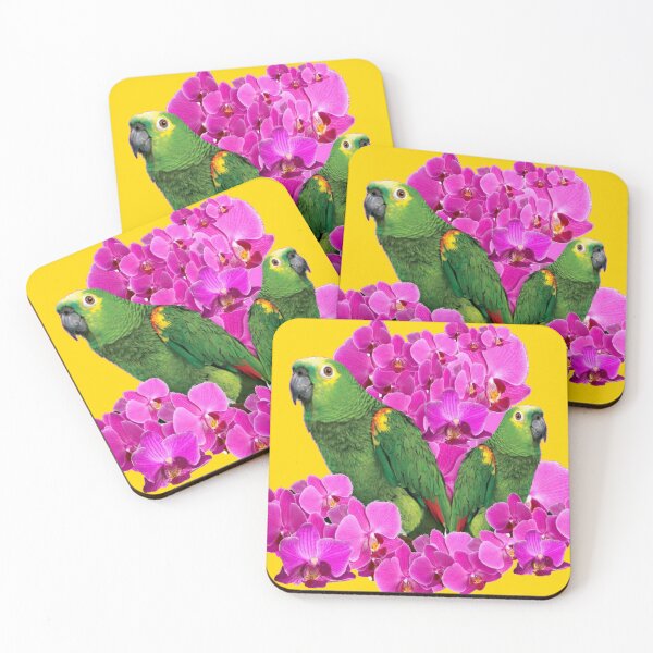 Item preview, GREEN MACAWS WITH PINK ORCHID FLOWERS GOLD ART designed and sold by sharlesart.