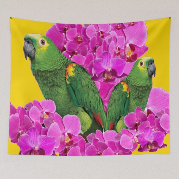 Item preview, GREEN MACAWS WITH PINK ORCHID FLOWERS GOLD ART designed and sold by sharlesart.