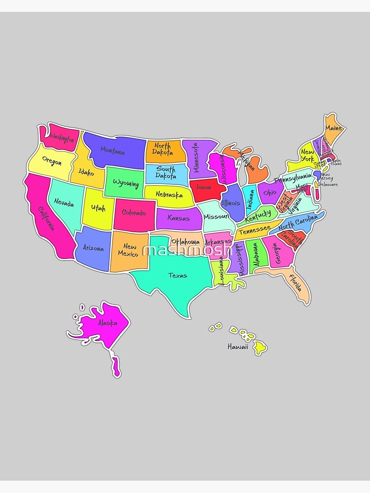 Lámina rígida «Mapa de Estados Unidos, dibujado a mano con los nombres de  los estados, Estados Unidos, EE. UU.» de mashmosh | Redbubble