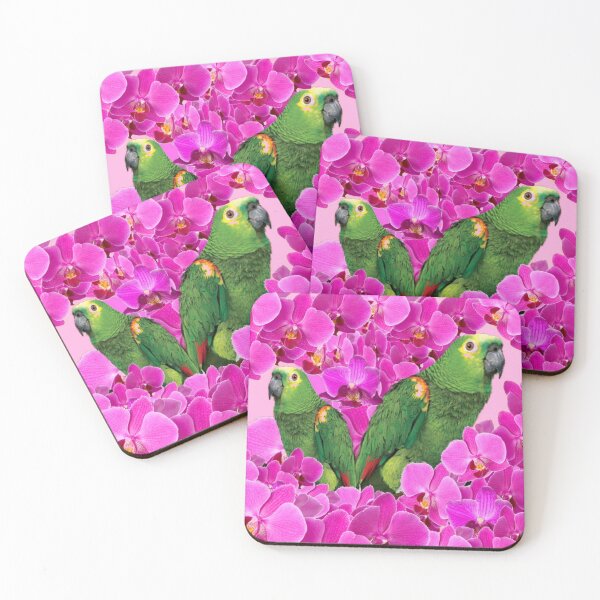 Item preview, TROPICAL GREEN MACAWS PARROTS PINK ORCHID FLOWERS ART designed and sold by sharlesart.