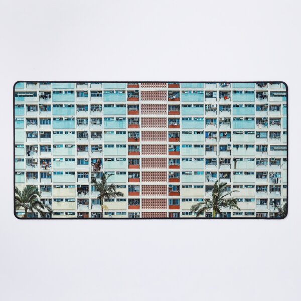 Multi-colored Building Pattern With Palm Trees - Aesthetic Desk Mat