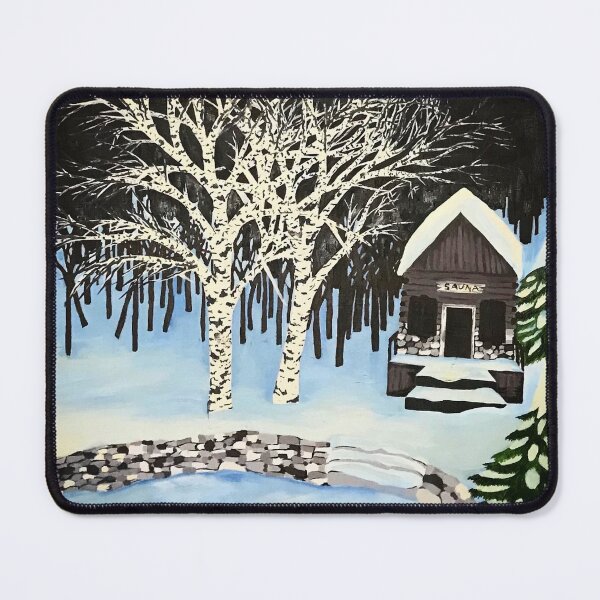 Item preview, Snow covered lakefront Finnish Sauna, Oil painting on wood designed and sold by Layla Hindikka.