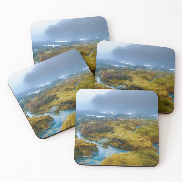 Item preview, Alpine streams cutting through a foggy landscape of grass and snow designed and sold by James-Cole.