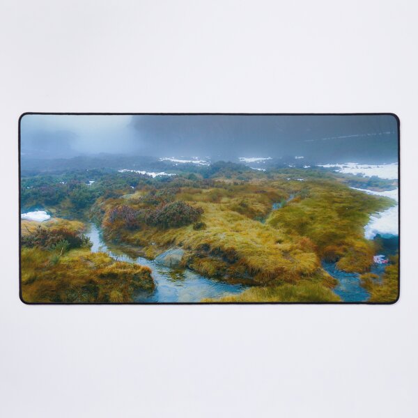 Item preview, Alpine streams cutting through a foggy landscape of grass and snow designed and sold by James-Cole.