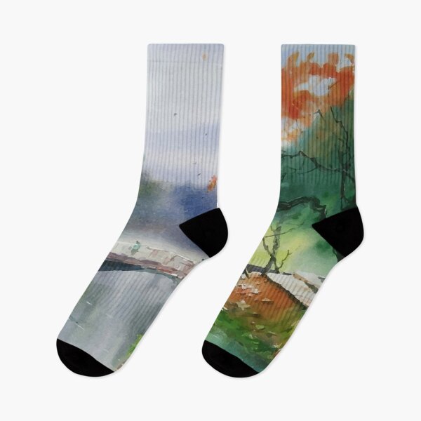 Item preview, Beautiful Lake And Bridge Watercolor Landscape designed and sold by Vector Scout Lab.