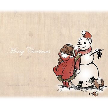 Artwork thumbnail, Winter Friends - Christmas, heart warming, snow man, gift from squirrel by SajuArtZen