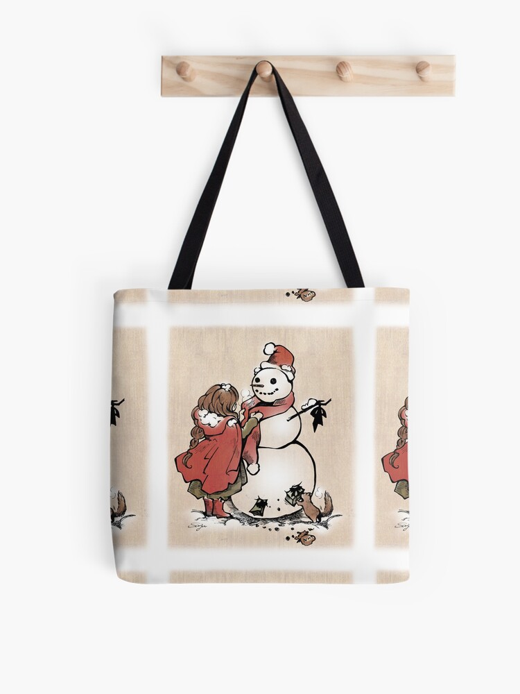 Thumbnail 1 of 2, Tote Bag, Winter Friends - Christmas, heart warming, snow man, gift from squirrel designed and sold by SajuArtZen.